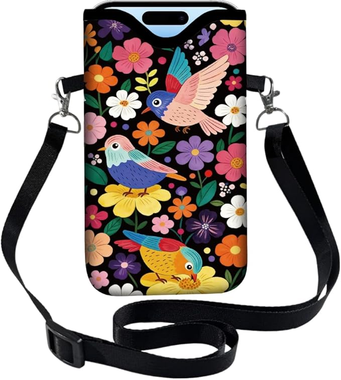 Floral Phone Pouch Phone Crossbody Sleeve Birds Colorful Nylon Neoprene Waterproof Cellphone Bag Case with Strap Neck Lanyard Protective Carrying Cover Fits Most Smartphones 7.1 x 3.9 Inch by PRESSINART