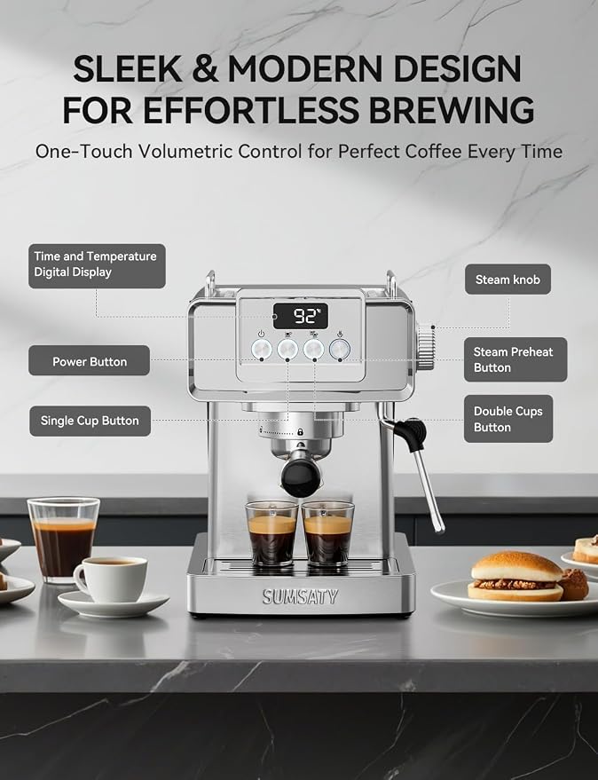 SUMSATY 20 Bar Espresso Machine Stainless Steel with Powerful Milk Frother | LED Display Espresso Coffee Machine 1350W Fast Heating Home Barista to Make Latte Cappuccino, Pre-Infusion, 61oz Water Tank - Image 2