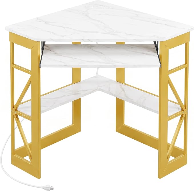 VECELO Corner Desk, Triangle Computer Desk for Small Space with Charging Station and Keyboard Tray, Corner Makeup Table with Storage Shelves for Home Office Bedroom, 41x30, Gold by VECELO