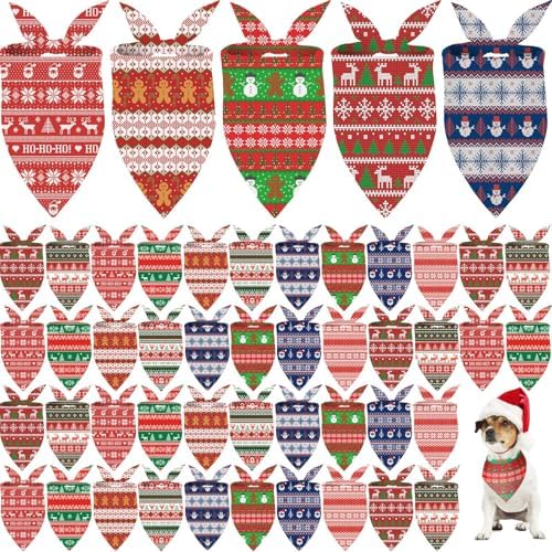 Weewooday 50 Pcs Christmas Bandanas for Dogs Xmas Bandanas Bulk with Ugly Sweater Patterns Soft Bibs Adjustable Triangle Doggie Scarf for Small Medium Large Pet (25.6 x 17.7 x 17.7 Inch) by Weewooday