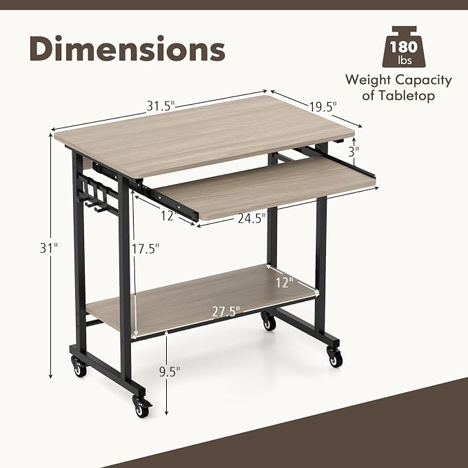 Tangkula Rolling Computer Desk Cart with Keyboard Tray, Mobile Portable Laptop PC Desk with CPU Stand & 3 Hooks for Sofa & Bed, Compact Small Desk on Wheels for Small Spaces (Grey) - Image 3