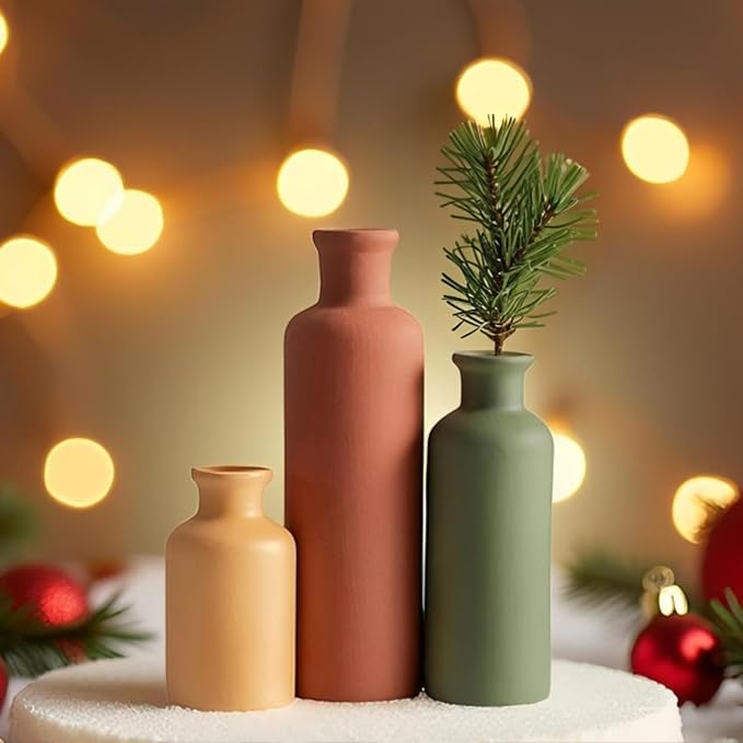 Modern Ceramic Vase Set of 3, Neutral Colors, Decorative Bottles for Home, Farmhouse Rustic Decor, Housewarming Gifts, Wedding Gifts, Bridal Shower Gifts, Birthday Gifts for Women (Green Mix) - Image 3