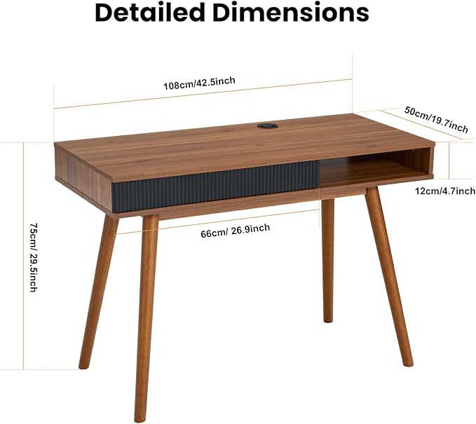 Walnut Wood Desk with Drawer, 42.5" Mid Century Modern Writing Desk | Drawer & Open Storage Cubby, Cable Grommet, Solid Wood Legs, Reinforced Structure for an Organized & Stable Workspace - Image 2