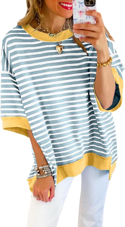 SHEWIN Womens Tops Casual Short Sleeve Sweatshirt Crewneck Striped Shirt Pullover T Shirts Loose Blouses by SHEWINBeYourFashionStylist