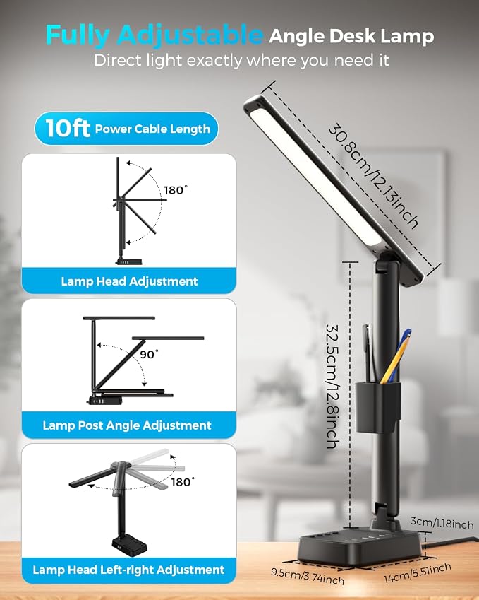 LED Desk Lamp with Power Strip, 3 AC Outlets & 4 USB Ports (2 USB-C), Stepless Dimming & 2800K-6500K Eye-Caring Desk Light, Foldable Table Lamp for Home Office, Dorm Room Essentials(10FT) - Image 3
