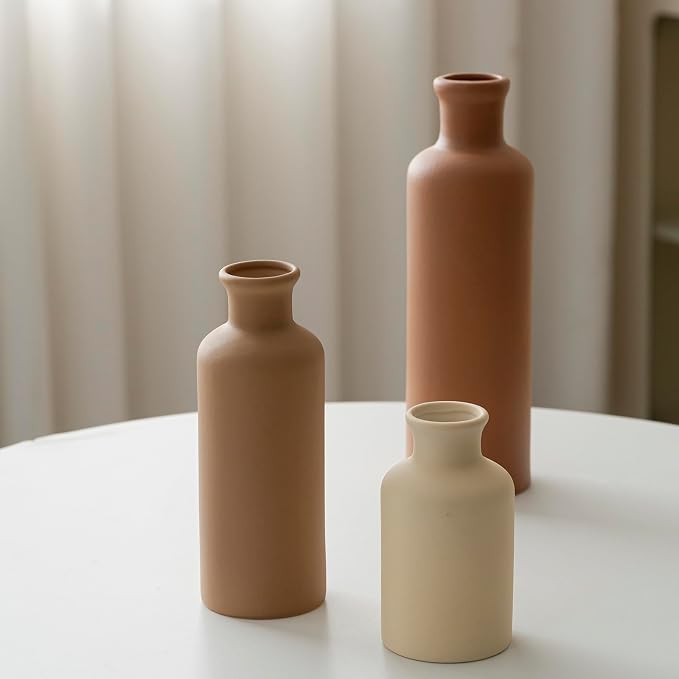 Modern Ceramic Vase Set of 3, Neutral Colors, Decorative Bottles for Home, Earth Tone Farmhouse Rustic Decor, Housewarming Gifts, Wedding Gifts, Birthday Gifts for Women(Coffee Mix) - Image 6