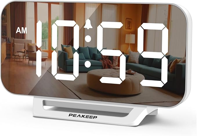 Peakeep Slim Digital Mirror Aesthetic Alarm Clock for Bedrooms Desk Decor | Plug in Electric Big LED Modern Small Clock for Office Living Room, Battery Backup, 6 Dimmers (White) by PEAKEEP