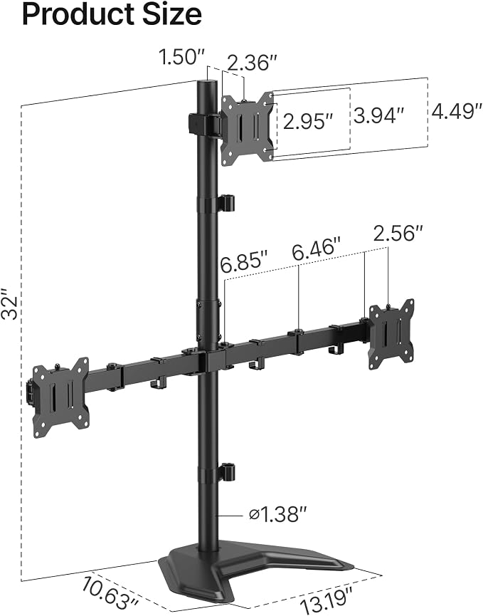 monTEK Freestanding Triple Monitor Stand for 17-32" Screens, 22 lbs Each | Solid V-shaped base, three-screen full-motion arms, height adjustment, tilt, swivel, rotation and VESA 75/100 - Image 8