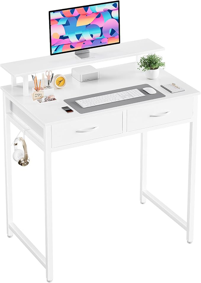 DUMOS 31-Inch Computer Desk with Drawers and Monitor Stand, White | Small Writing Desk for Home Office with Headphone Hook, Compact Study Table for Bedroom by DumosLifestyle