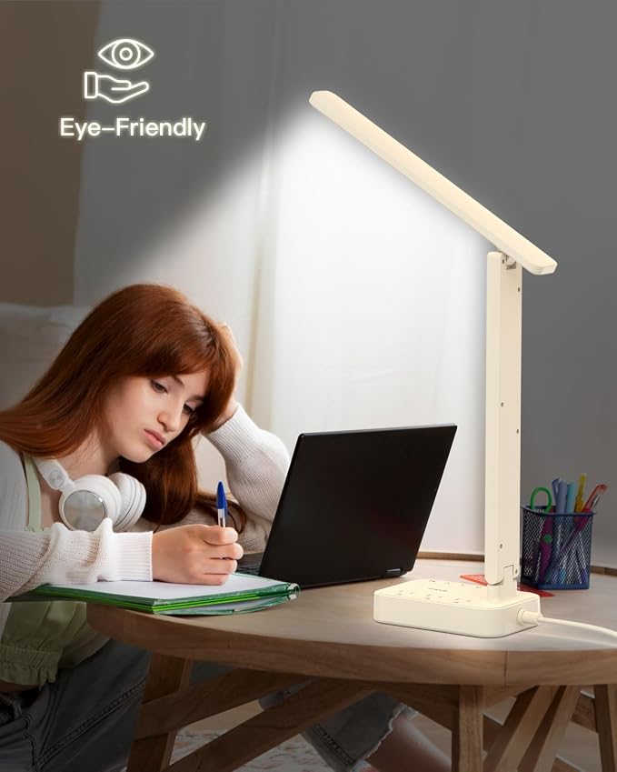 Addtam LED Desk Lamp, Power Strip with 3 Outlets 4 USB Charging Ports(2 USBC), 4 Modes 5 Level Brightness Touch Lamp, Small Desk Lamp for Home Office College Dorm Room Essentials, Cream - Image 6