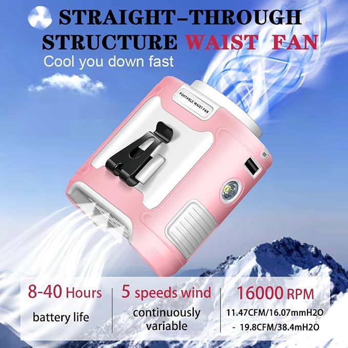 CAZOKASI 2024 Upgrade 10000mAh Waist Clip Portable Personal Body Fan - Powerful Upto 40H Cooling and Heatstroke Prevention (Gray and Orange, Pink White) - Image 2