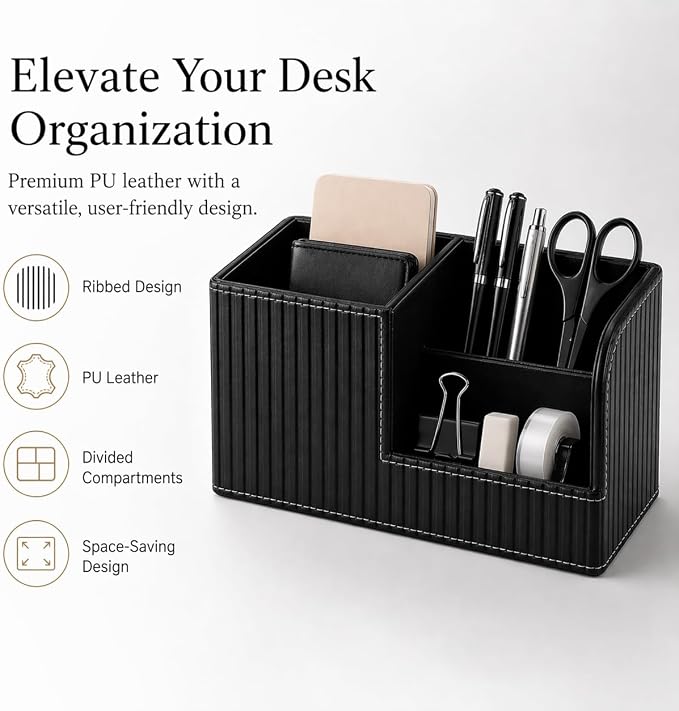 KINGFOM Desk Pen Organizer Office Supplies Caddy Pu Leather Multi-function Storage Box Pen/Pencil,Cell phone, Business Name Cards Remote Control Holder (Black) - Image 4