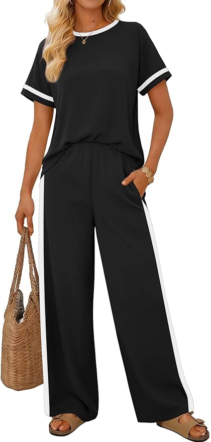 Sampeel 2 Piece Sets for Women Matching Sets Summer Outfits Resort Wear Short Sleeve Lounge Set Wide Leg Pants with Pockets - Image 2
