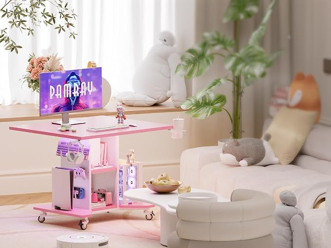 Pamray Small Gaming Desk Rolling Computer Table Pink | Movable, with Led Lights Power Outlets, with Storage Pegboard and Hook, Sturdy, Suitable for Study Gaming Bedroom Dorm - Image 2