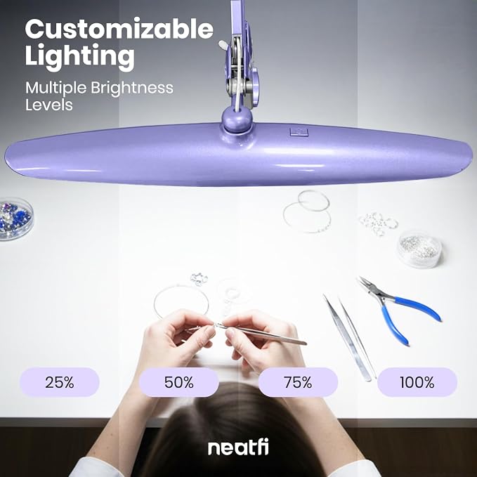 Neatfi XL 2200 Lumens 24W LED Desk Lamp – Shadow-Free Task Lighting | 4-Level Dimming | Home Office & Crafts Use | 20-Inch Wide Head (Lavender, Non-CCT with Clamp) - Image 8