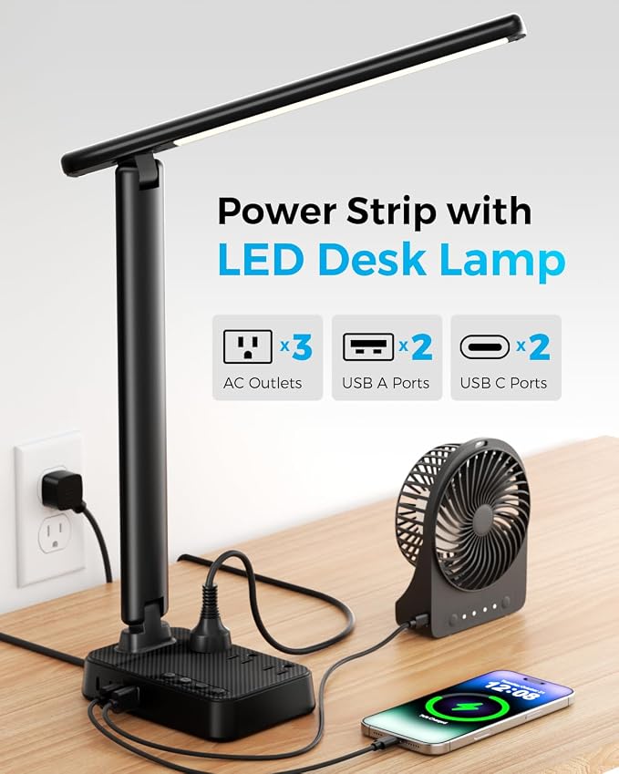 LED Desk Lamp with Power Strip, 3 AC Outlets, 4 USB Ports, Stepless Dimming | 2800K-6500K Color, 2 USB-C, Foldable Design, Timer & Memory, Study, Home Office & College Dorm - Image 2
