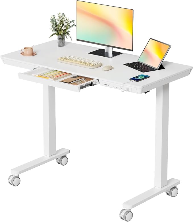 40" Electric Stand up Desk with Drawer, Height Adjustable | Sit Stand Home Office Desk with Storage, One-Piece Tabletop with USB Charging Ports, Quick Assembly Computer Desk on Wheels by JYLHJOYSEEKER