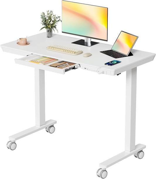 40" Electric Stand up Desk with Drawer, Height Adjustable | Sit Stand Home Office Desk with Storage, One-Piece Tabletop with USB Charging Ports, Quick Assembly Computer Desk on Wheels by JYLHJOYSEEKER