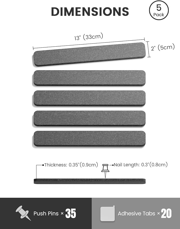 Fluxynara 13" x 2" Felt Wall Panels, Charcoal Gray | 5-Pack Cork Board Alternative with 35 Push Pins, Adhesive Mounting for Bedroom Door or Home Office - Image 2