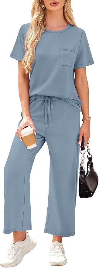 WIHOLL 2 Piece Sets for Women Casual Summer Travel Vacation Outfits Short Sleeve Wide Leg Crop Pants Lounge Sets - Image 3
