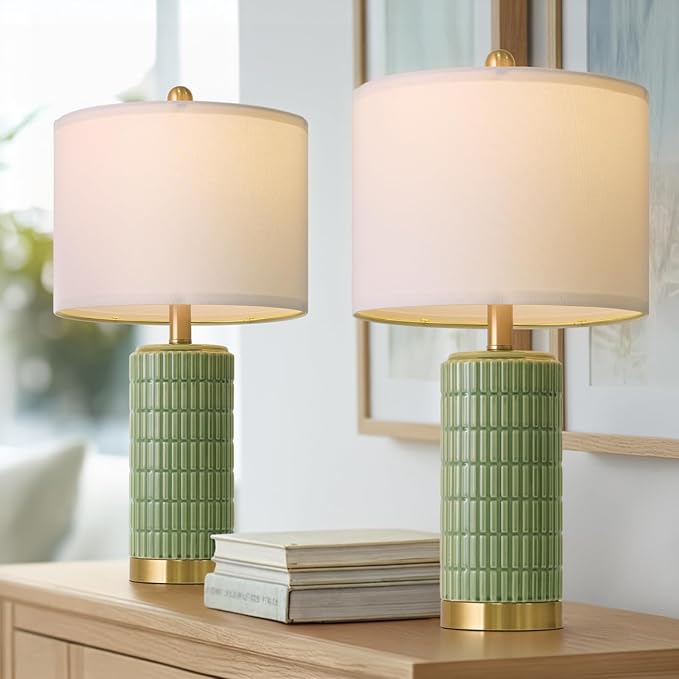 PoKat Bedside Table Lamps Set of 2 for Living Room with 2 USB Ports, 21.5'' Small Modern Nightstand Lamps for Bedroom, Ceramic Side Table Lamps with Gold Base for Office Entryway Decor Gift (Green) - Image 2