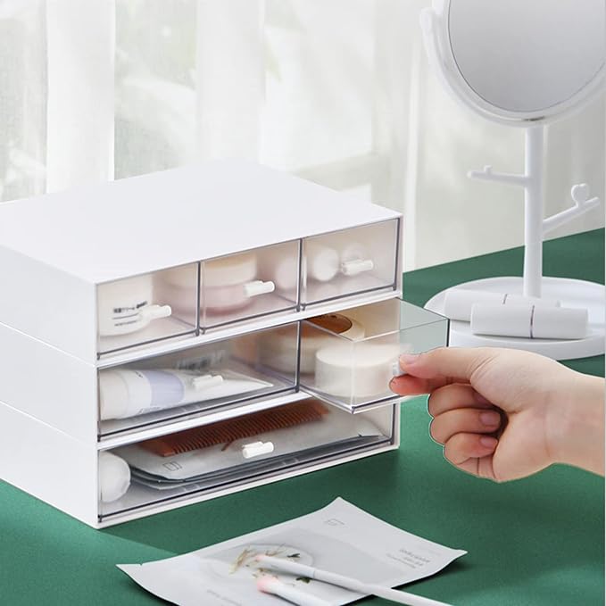 Desk Organizer-3 Tier Stackable Storage Drawers with 6 Compartments White Compact Desk Storage Drawers Great for Makeup Storage Bathroom Organization Accessories Etc (White) - Image 5