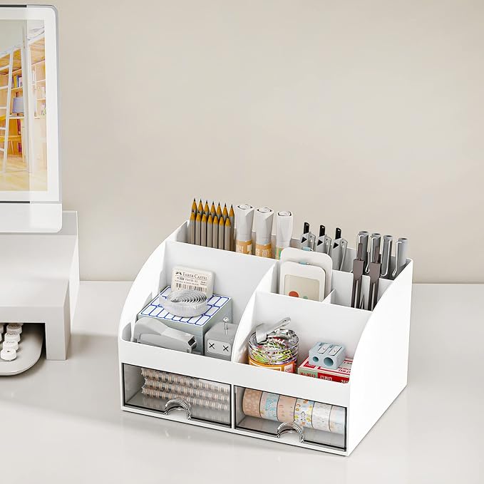 COMFYROOM Desk Organizer with 6 Compartments and 2 Drawers, Plastic Makeup Organizer, Pen Holder for Desktop Storage, Desk Organization for School, Home, Office Supplies (White) - Image 4
