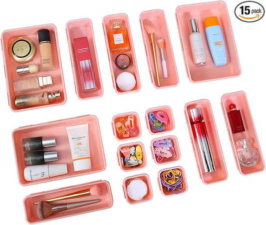 Kutesna 15 PCS Interlocking Desk Drawer Organizer Separator for Office,Bathroom,Kitchen,Makeup（Pink） by Kutesna