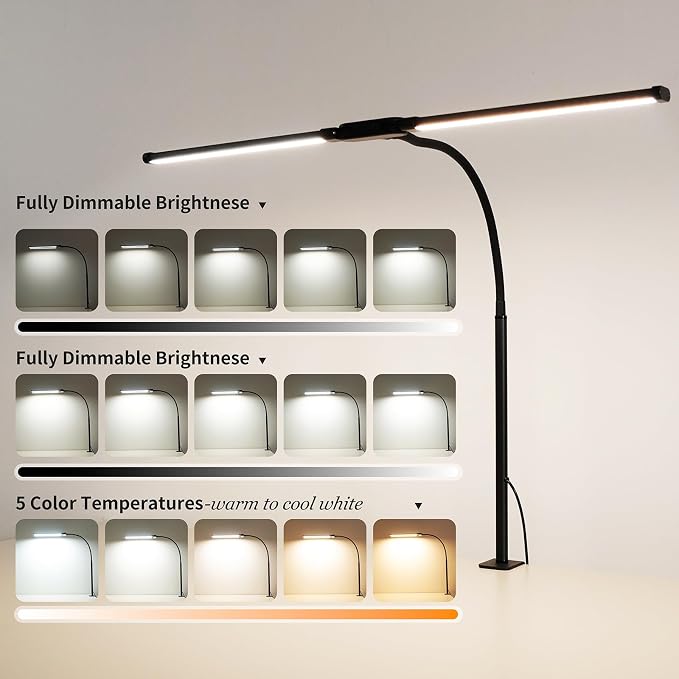 Dual-Head LED Desk Lamp for Office Home, Adjustable Flexible Eye-Caring Desk Light, 5 Modes 10 Brightness Adjustment, USB Adapter Desk Lamp with Clamp-ST-B - Image 2