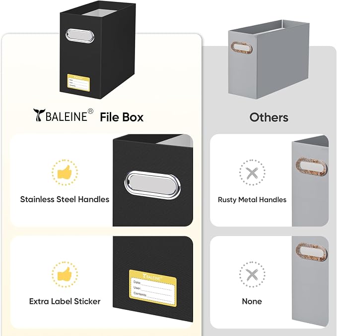BALEINE File Organizer Box, Cardboard File Folder Organizer with Handle for Letter Size, Portable Collapsible Hanging Filing Box for Home Office Document Storage (2 Pack, Black) - Image 5