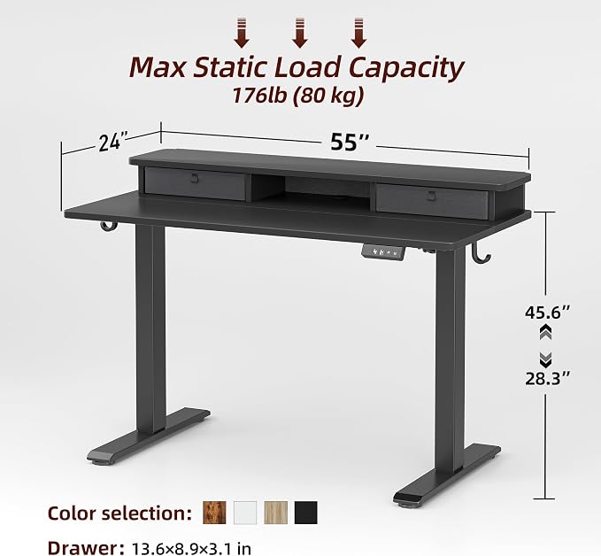 TIQLAB Standing Desk with Two Drawers, Stand Up Standing Desk Adjustable Height, Electric Sit Stand Table with Storage Shelf and Splice Board, 48 * 24 inch, Black - Image 3