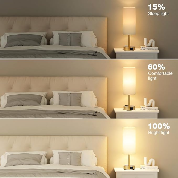 Fenmzee Gold Touch Lamp for Bedroom- 3 Way Dimmable Bedside Lamp USB C A Charging Ports and AC Outlet, Small Table Lamp White Linen Lampshade for Gift, LED Bulb Included - Image 2