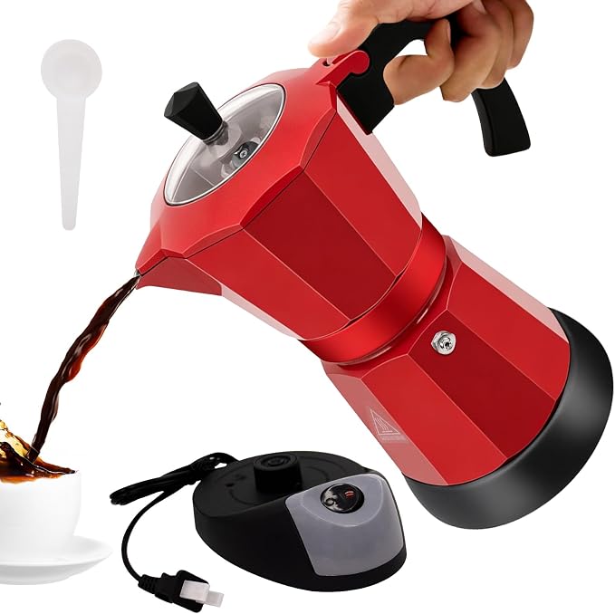 Electric Aluminum Moka Pot 3-6 Cup 150-270ml Espresso Maker | with Detachable Base Ideal Coffee Makers for Home MochaPot Italian and Cuban Café Coffeemaker Espressomaker CoffeePot Red by Vaolvpant
