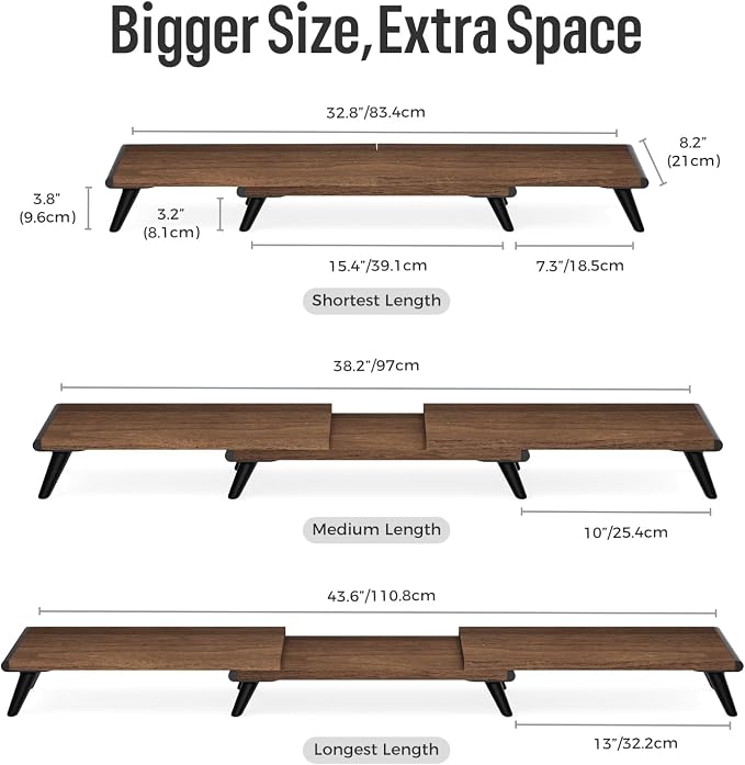 loukin Dual Monitor Stand Riser for Desk, 43.6"*8.2"*3.2" Large Computer Stand for 2 Monitors, Laptop, Printer, Length and Angle Adjustable Computer Shelf, Home Office,Max 43.6" Length(Brown) - Image 4