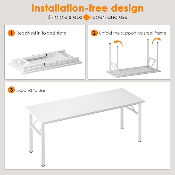 Need Office Computer Desk 54.3 Inch Sturdy Folding Laptop Table White | White Frame Writing Gaming Work Table/Foldable Home Office Desk/Sewing Table, No Assembly Required - Image 7