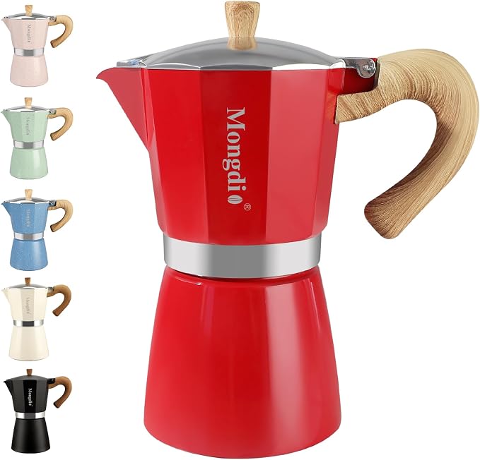 Mongdio Stovetop Espresso Maker Moka Pot, Cuban Coffee Maker Stove top coffee maker Moka Italian Espresso Greca Coffee Maker Brewer Percolator, 9 Espresso Cups, 15 oz - Red by Mongdio