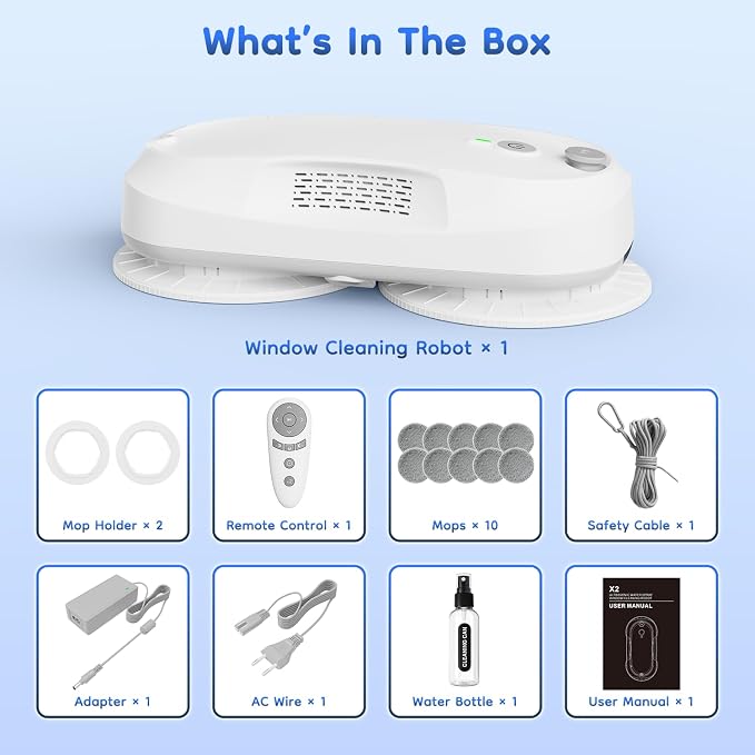 2026 Updated Window Cleaning Robot - Enhanced Battery, Max 6400Pa, Path Planning, Anti-Slipping, Edge Detection, Window Cleaner Robot for High-Rise Windows (2 pairs of nozzles, 10 cloths) (White) - Image 7