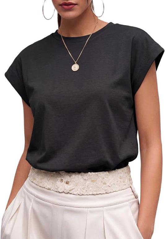 GRECERELLE Womens Summer Tops Cap Sleeve Crew Neck Basic T-Shirt | Everyday Casual Wear, Layering Friendly, Wrinkle-Resistant, Business Casual Ready, Lightweight & Packable, Capsule Wardrobe by GRECERELLE
