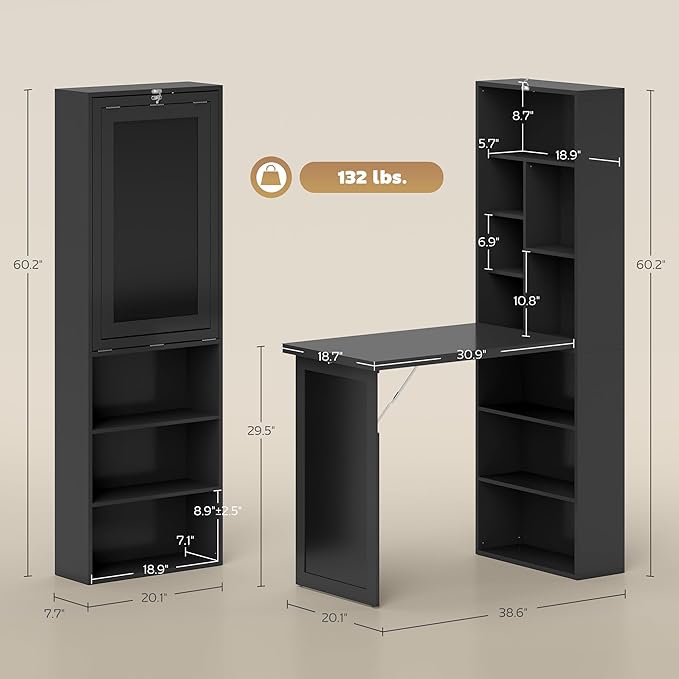 HOMCOM Foldable Convertible Writing Table, Wall Mounted Space-Saving Computer Desk with Chalkboard and Storage Shelves for Small Spaces, Home Office, Bedroom, Dorm, Apartment, Black - Image 3