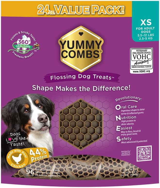 Yummy Combs Dog Dental Treats – Vet VOHC Approved – Delicious Chicken Protein – Removes Tartar with Cleaning Comb Shape – Dental Dog Treats for Extra Small Dogs (24oz, 96 Count) by YummyCombsDogDentalTreats