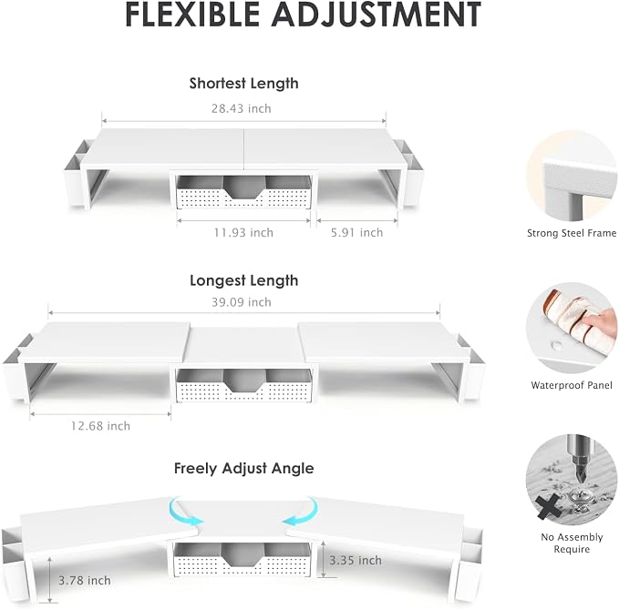 OPNICE Desk Organizers and Accessories, Dual Monitor Stand Riser with Drawer and 2 Pen Holders, Desk Shelf Metal Computer Racks for Office Workspace Organizers, Desktop Organization (White Metal) - Image 3