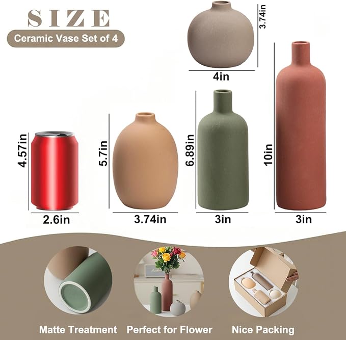 Modern Ceramic Vase Set, Neutral Colors, Decorative Vases for Home Decor, 4 Piece Collection (Green Mix Set 4) - Image 3