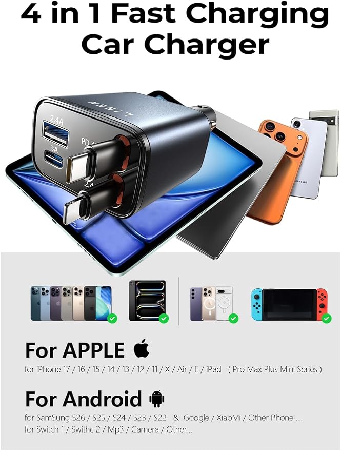 LISEN Retractable Car Charger, 84W Car Charger USB C Fast Charge, Multi Cigarette Lighter Adapter, 4 in 1 Car Accessories Birthday Gifts for Men Women Dad Mom Husband, for iPhone 17 16 15 14 13 12 X - Image 7