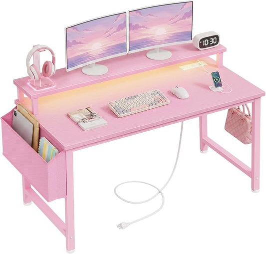 Lufeiya Girls Desk with Power Outlets and LED Lights, 40 Inch Gaming Desk Table with Charging Station, Home Office Computer Desks with Monitor, Pink by LUFEIYA
