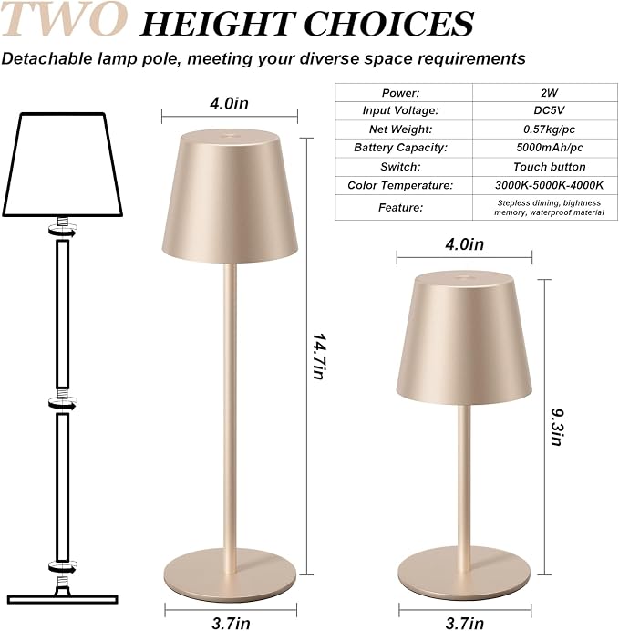 Kakanuo Champagne Gold Cordless Table Lamp Rechargeable - 2 Pack Battery Operated Lamp for Counter, 3 Color Stepless Dimming Wireless Lamp for Dining Kitchen, Outdoor Patio, Touch Control - Image 5