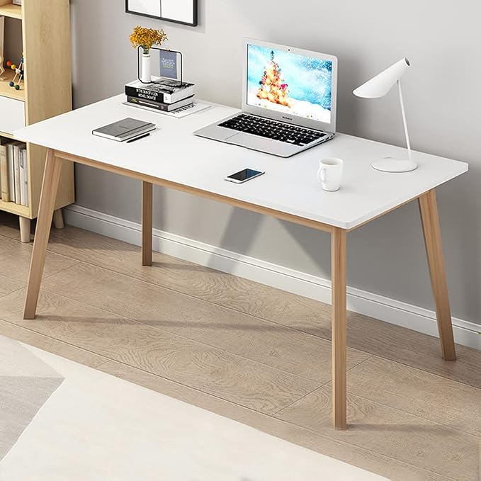 IOTXY Simple Wooden Writing Desk - Modern Minimalist Style PC Laptop Computer Workbench with Solid Wood Legs, 55" W Home Office Work Table for TV Stand Music Video Live Broadcast Workstation, White by IOTXY