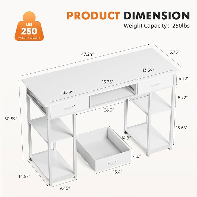 47 Inch Computer Desk with 2 Drawers, Home Office Desk with Wooden Shelves, Study Writing PC Table for Small Spaces, Bedroom, Dorm or Living Room, White - Image 3
