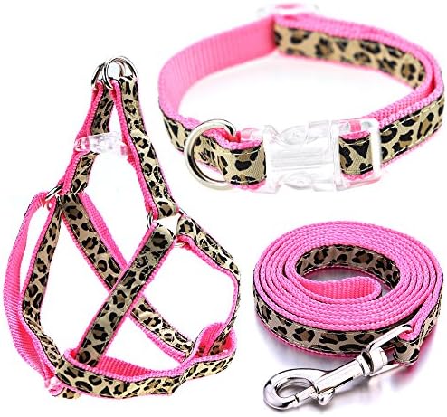 Mile High Life Leopard Dog Harness Collar Leash Set, Adjustable No Pull Dog Halter Harness for Small Breed Dogs, Easy Control for Training Walking (Pink, M Chest 15"-21", Neck 13"-17") by MileHighLife