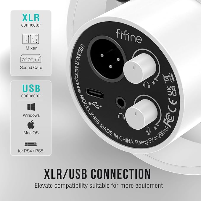 FIFINE AmpliTank K688TW Podcast XLR/USB Microphone Kit, Dynamic Vocal Mic | Studio PC Microphone with Boom Arm, Mute, Headphone Monitoring, for Recording, Streaming, Voice-Over, Online Teaching, White - Image 4