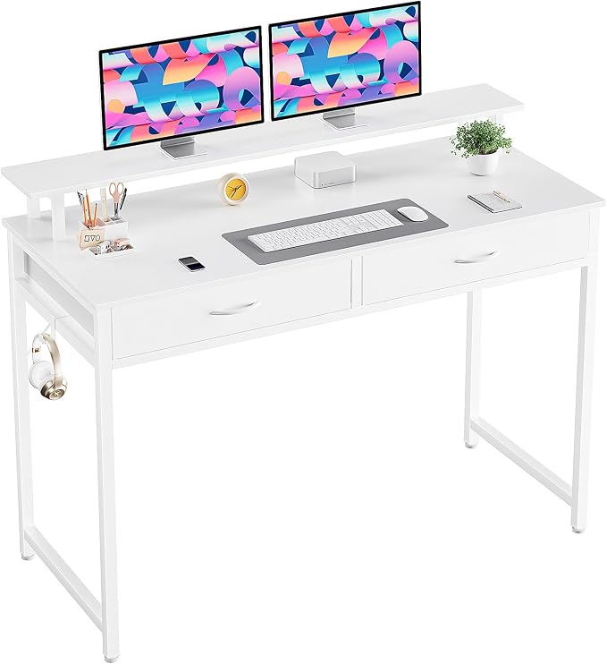 DUMOS 40-Inch Computer Desk with Drawers and Monitor Stand, White | Small Writing Desk for Home Office with Headphone Hook, Compact Study Table for Bedroom by DumosLifestyle